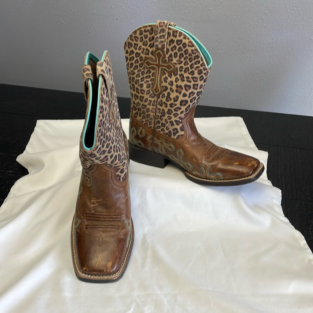 Ariat Youth Girl’s Cowboy Boots Size 4 Brown Aqua Cross VGUC